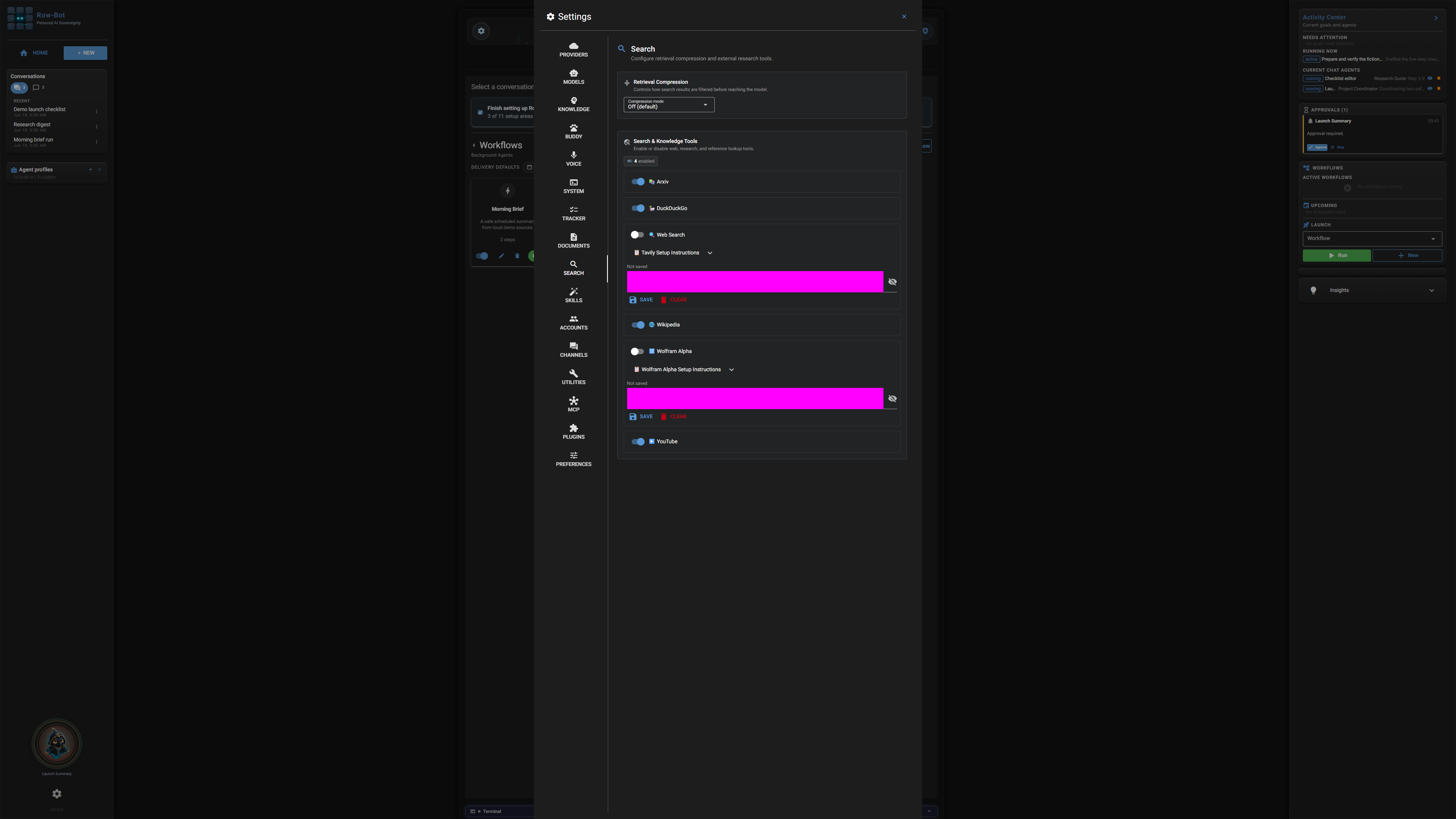Settings: Search in Row-Bot.