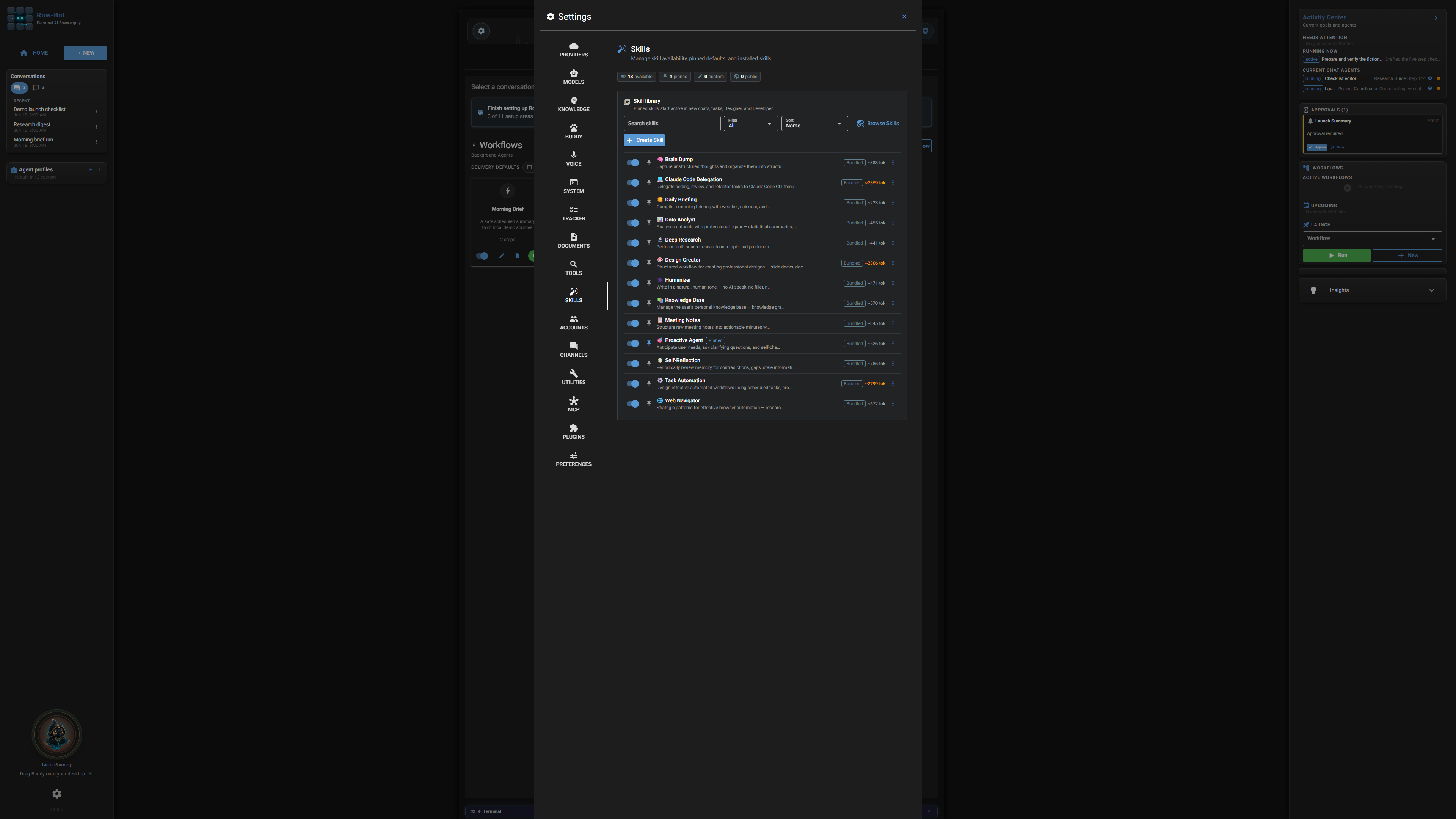 Row-Bot Skills settings and Skills Hub entry points.
