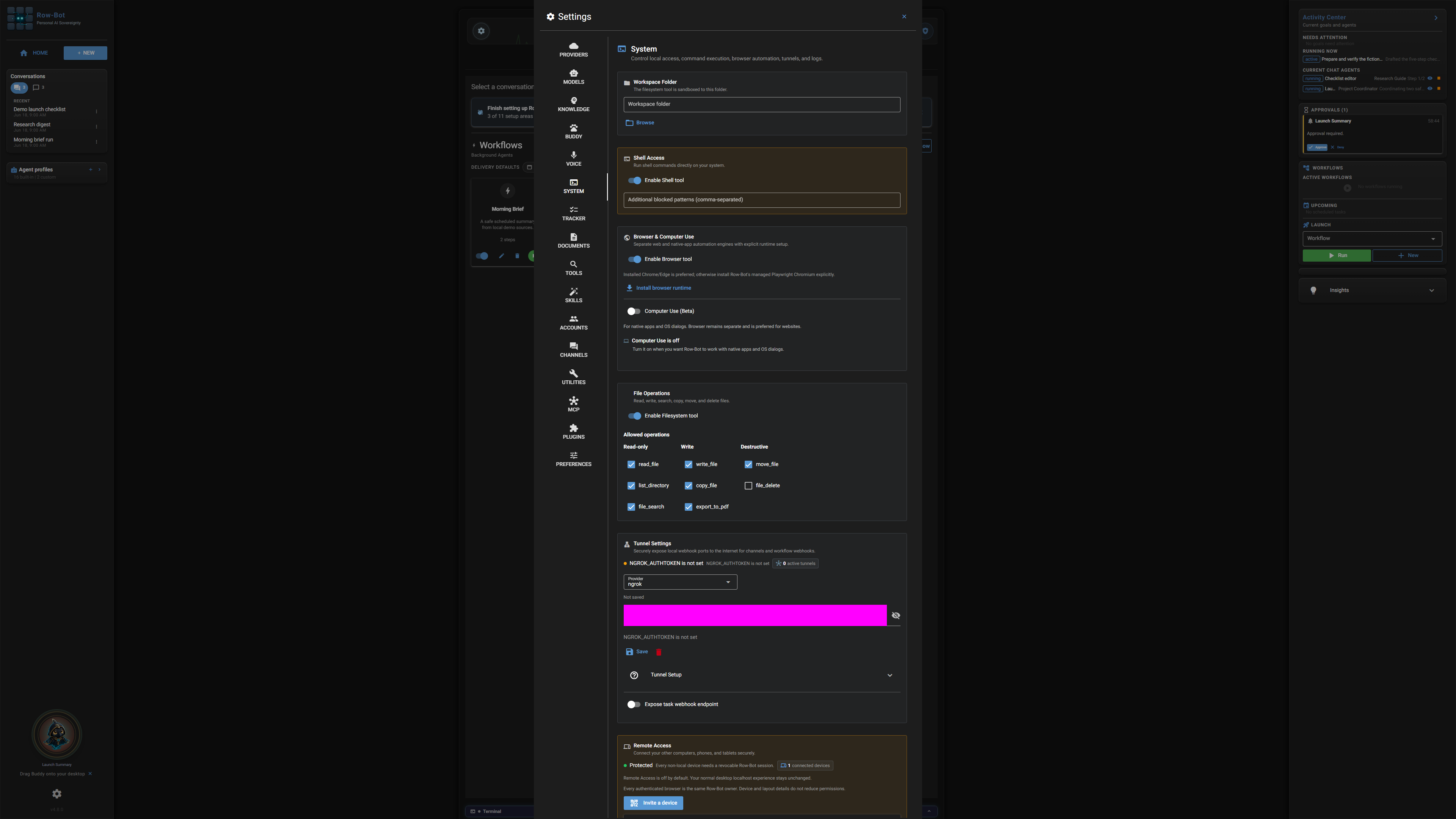 Settings: System in Row-Bot.