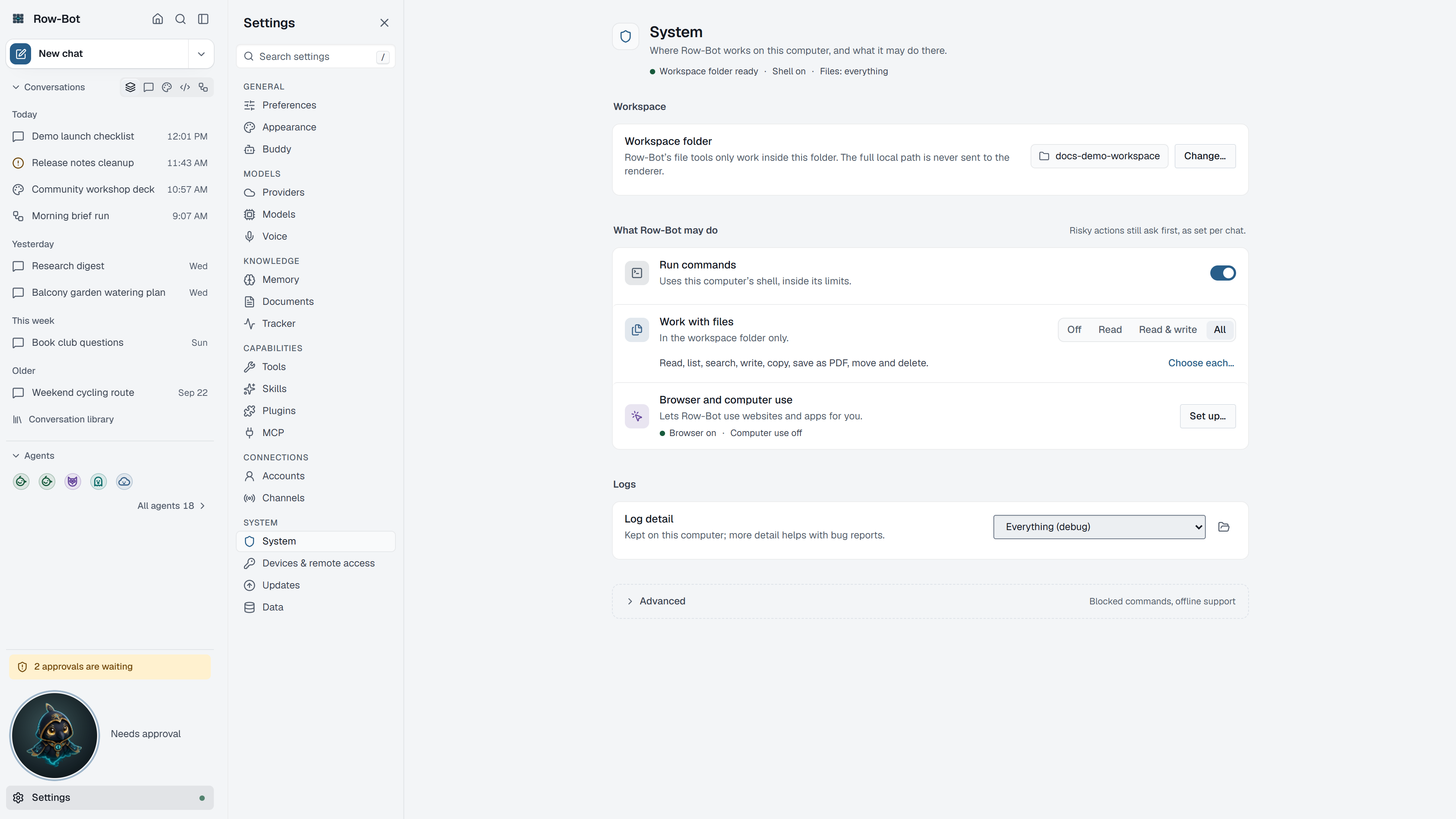 Settings: System in Row-Bot.