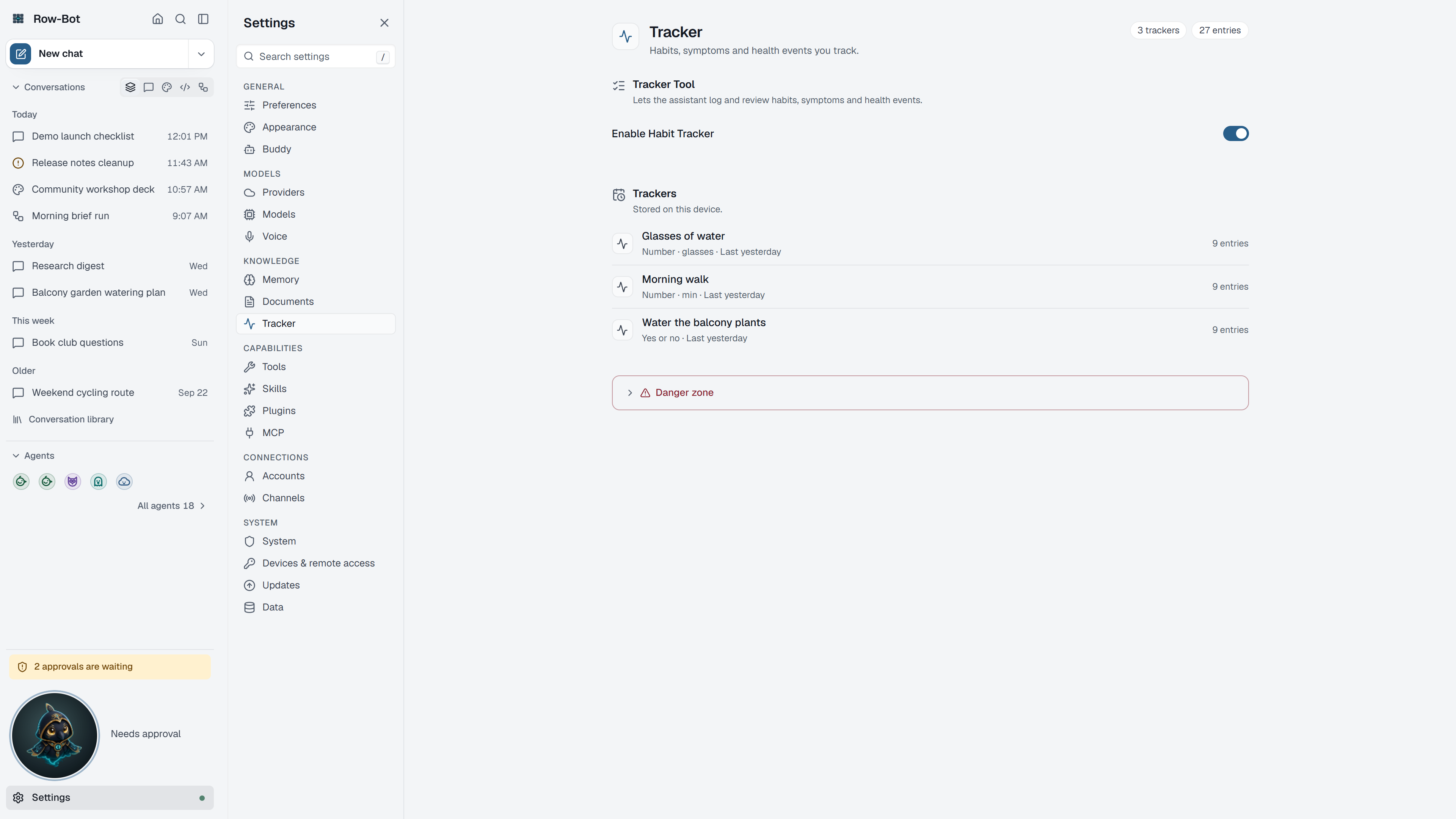Settings: Tracker in Row-Bot.