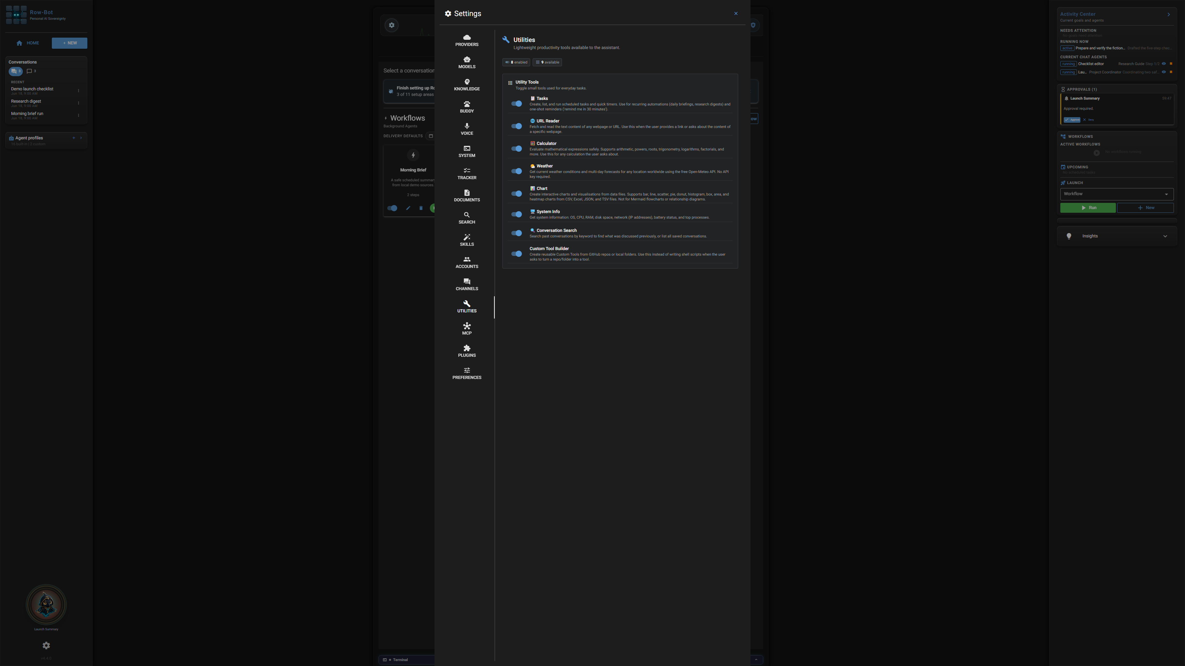 Settings: Utilities in Row-Bot.