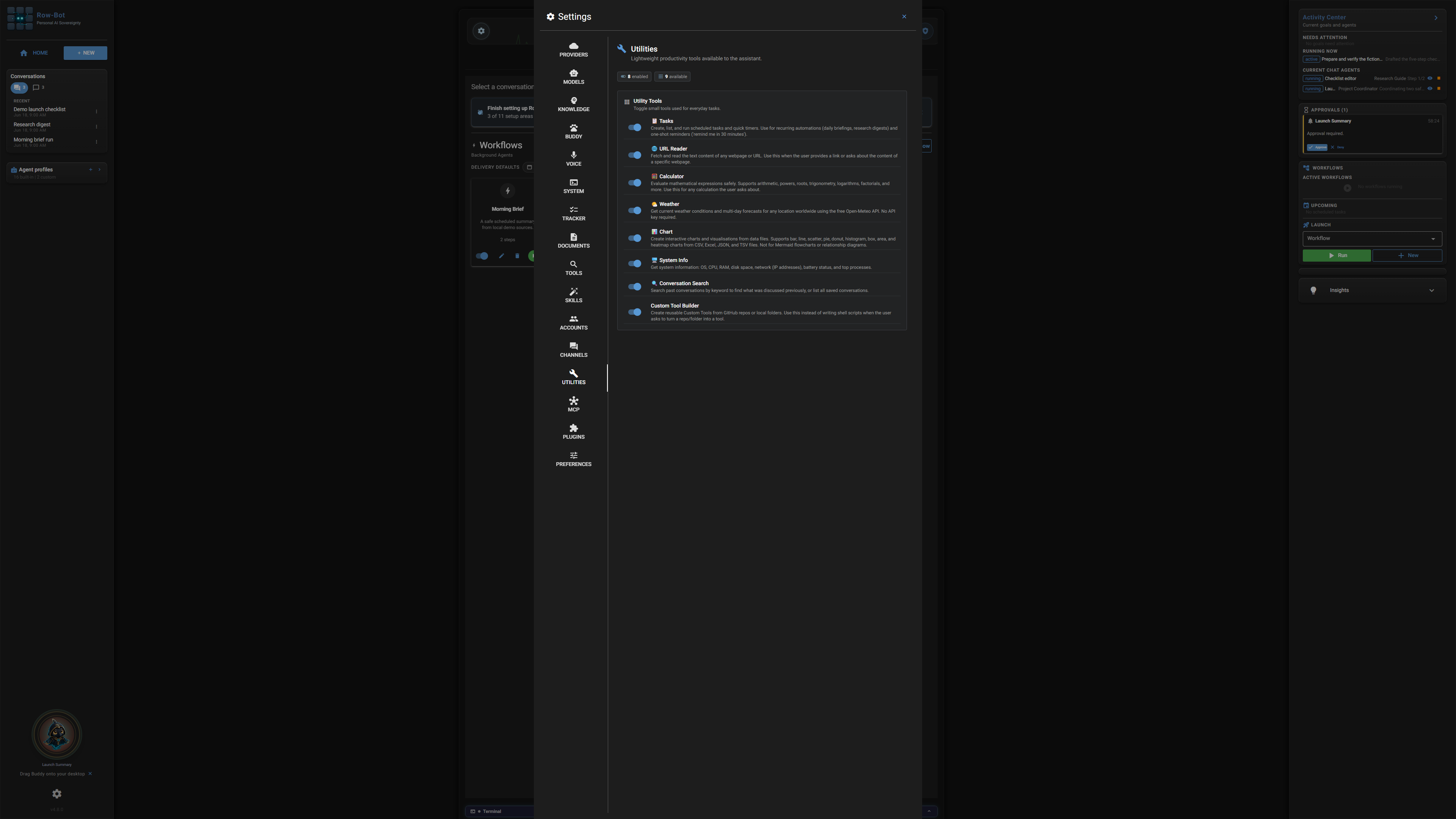 Settings: Utilities in Row-Bot.