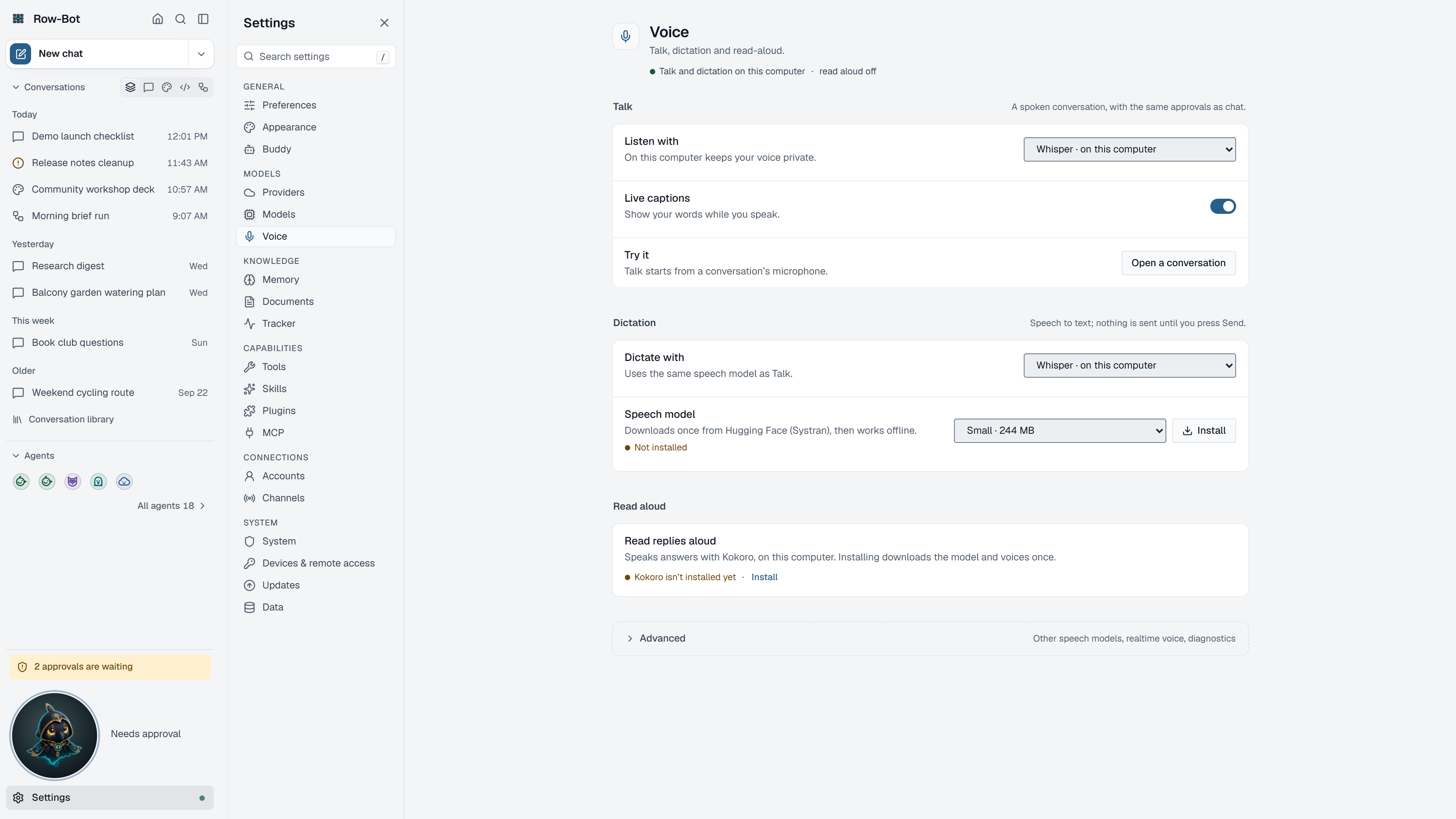Settings: Voice in Row-Bot.
