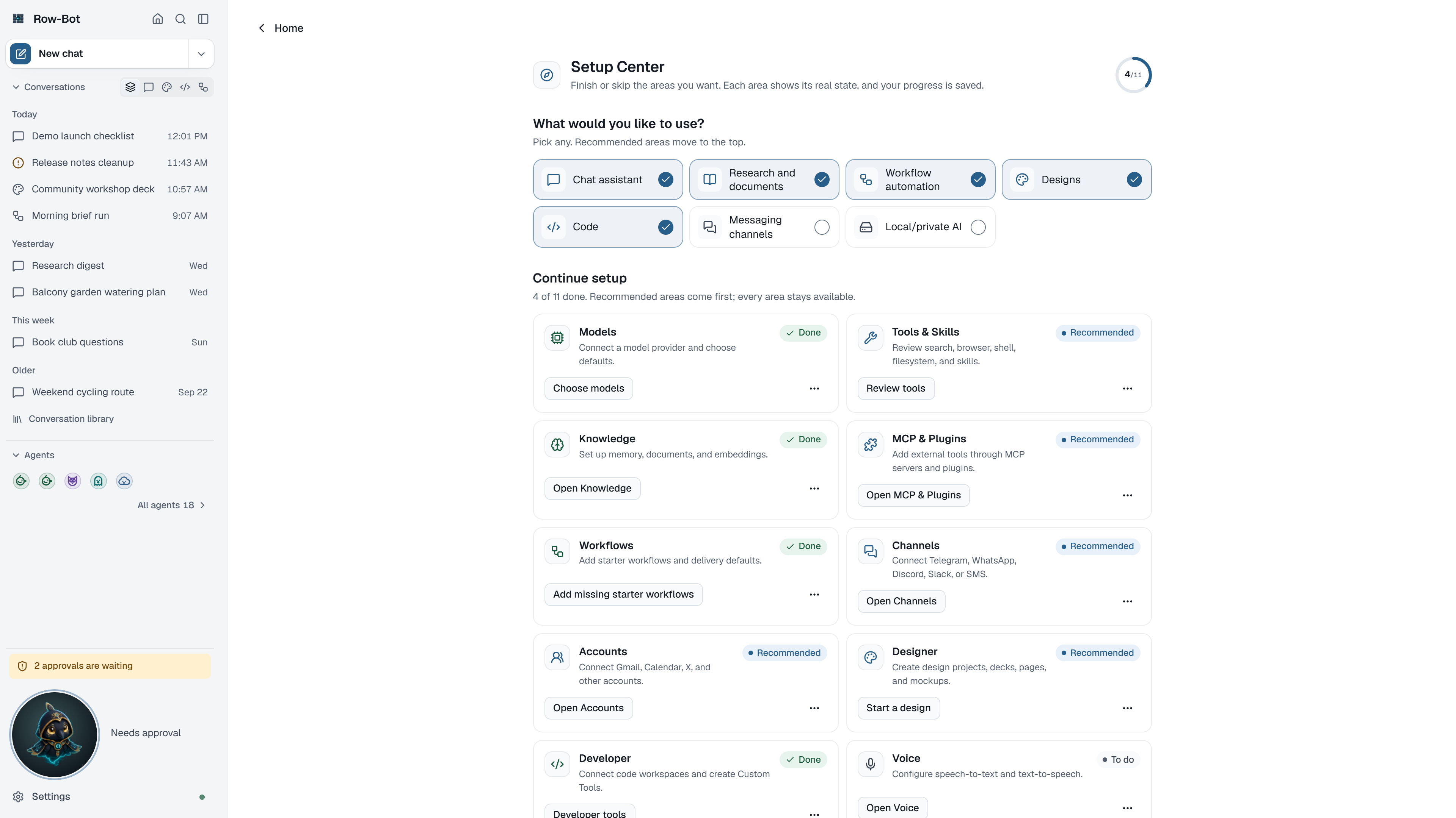 Row-Bot Setup Center with goals and the setup checklist.