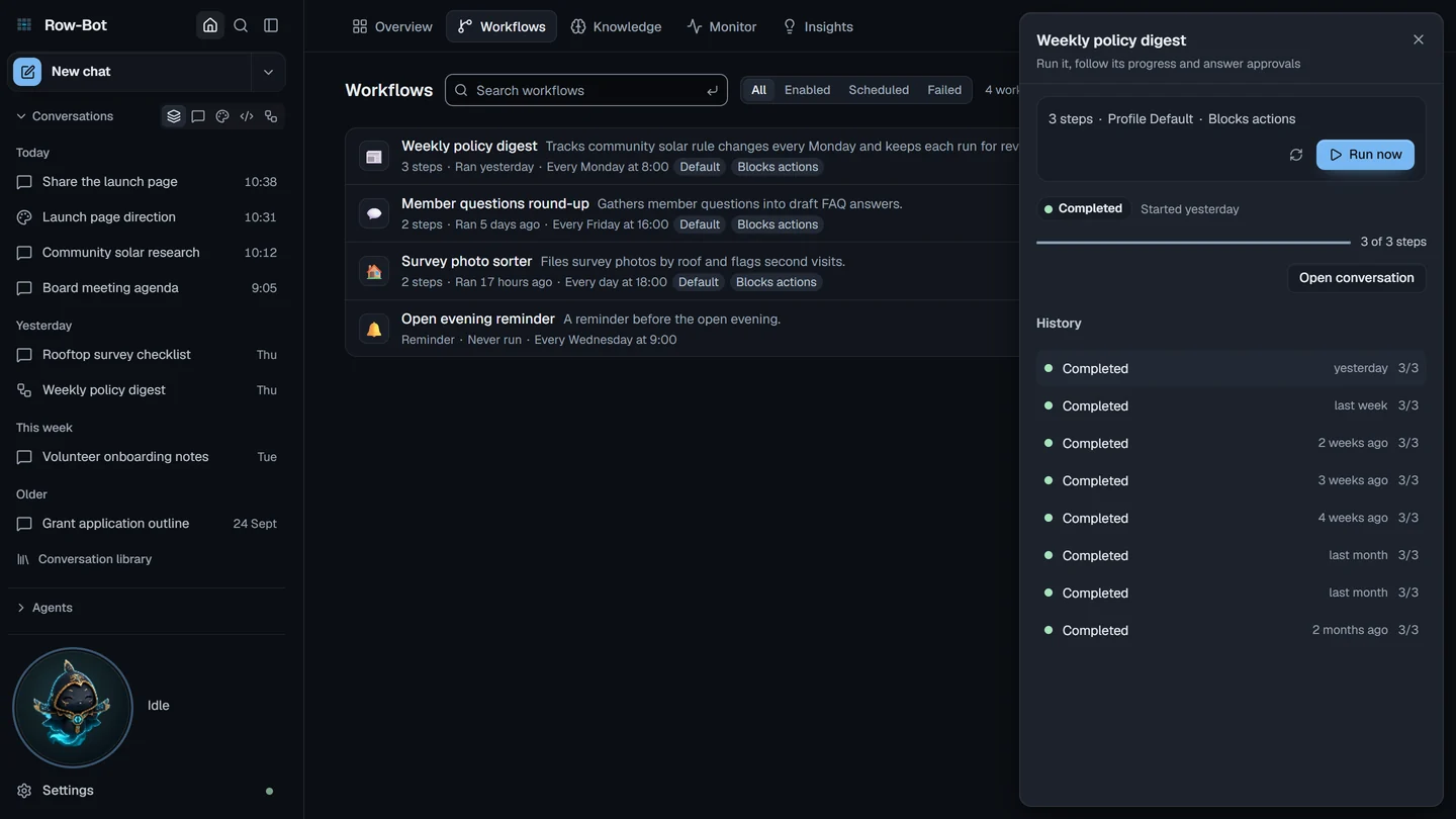 A local-model Row-Bot workflow saved with delivery kept in the app, and its retained run history.