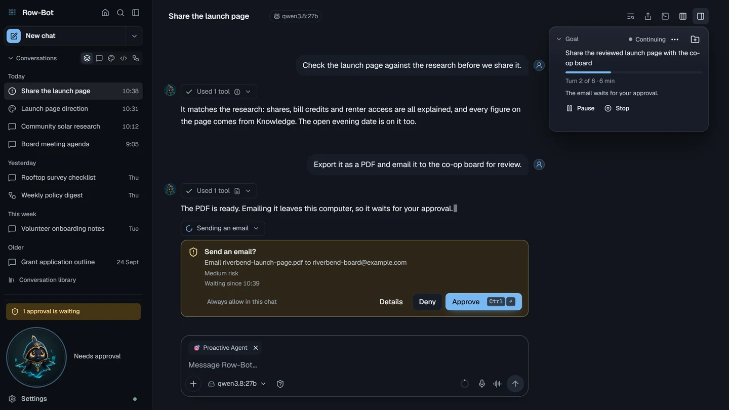Row-Bot pausing for approval before it emails the launch page to the co-op board, with the recipient shown and Deny and Approve.