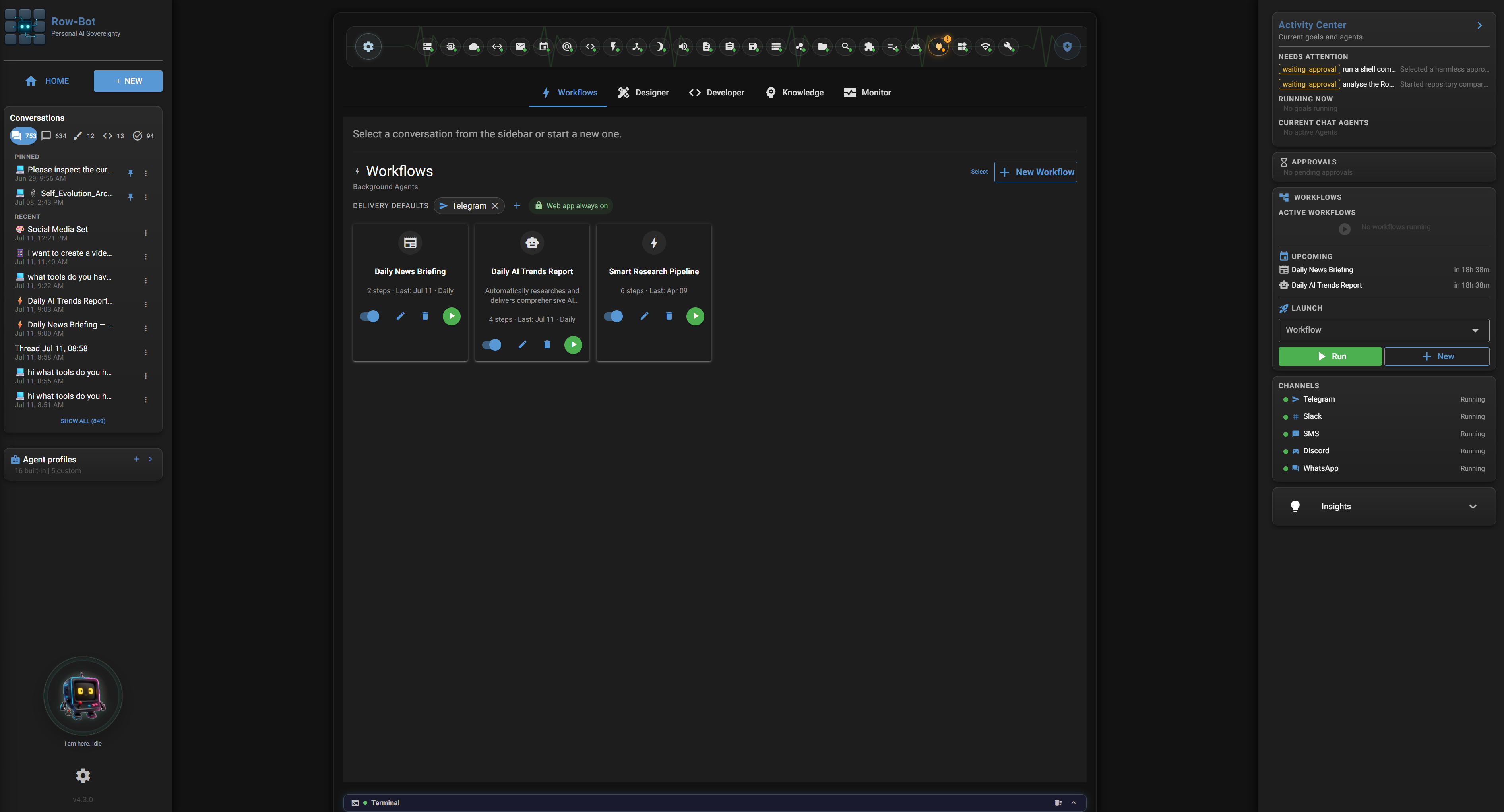 Row-Bot desktop workspace showing conversations, agent profiles, workflows, approvals, channels, and local activity records